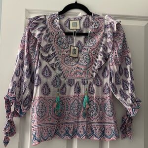 Bell by Alicia Bell new with tags ruffle top, size S. Pink/ purple multi.